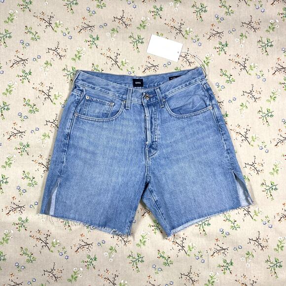 EDWIN Denim Short Cai 7-inch Inseam Light Wash Blue Sz 28 Raw Hem High Rise Boho - Picture 4 of 9